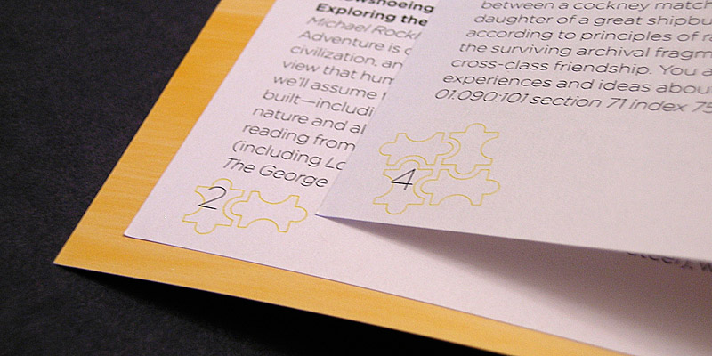 Detail of the Spring 2010 catalog. Behind the page numbers puzzle pieces accumulate through the course of the book.