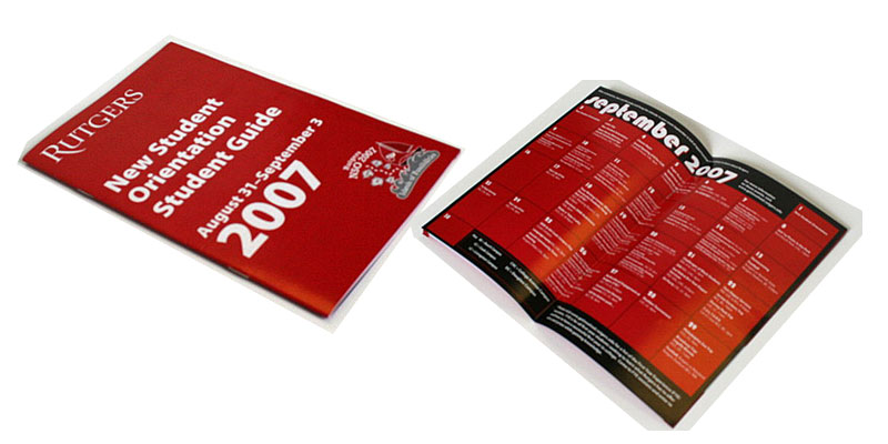 Cover and spread for the 2007 New Student Orientation Guide. The guidebook continues and extends the nautical theme of the Focus.